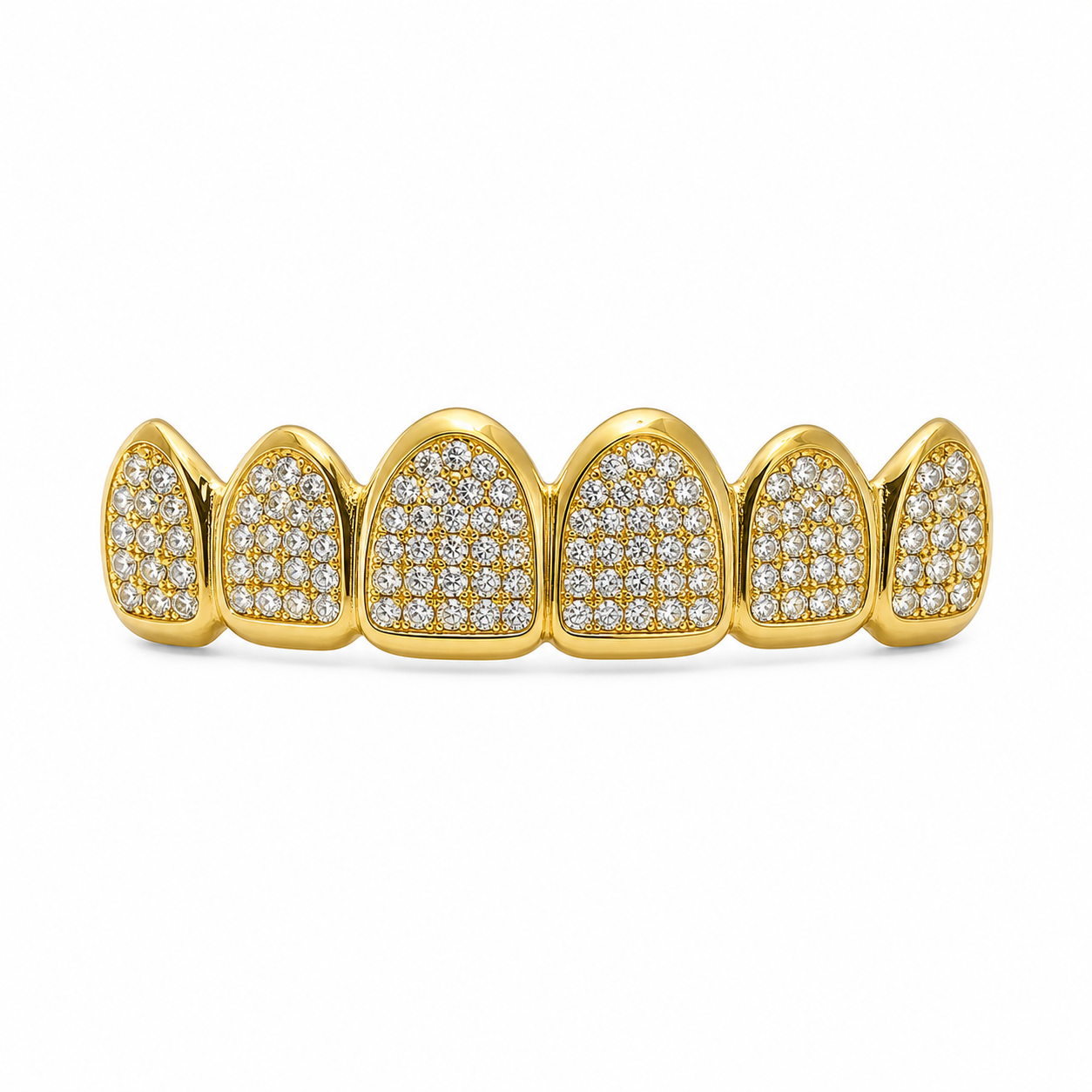 Gold-tone rhinestone-look decorative grillz on white background