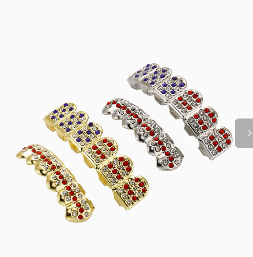 Gold-tone and silver-tone red, white and blue six-tooth grillz pieces